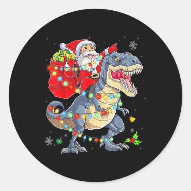 Pegatina Redonda Santa Dinosaur Light Merry Christmas Cufts Ki (Anverso)