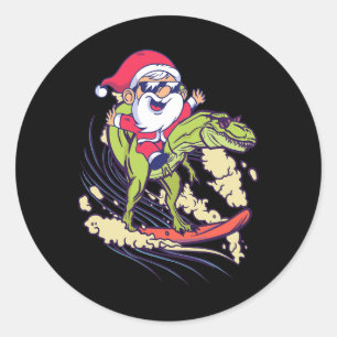 Pegatina Redonda Santa Dinosaur Surfing T-rex Dino Verano Navidad