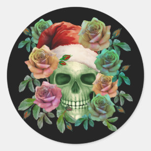 PEGATINA REDONDA SANTA DIVERTIDO CALAVERA VERDE Y FLORAL DE NAVIDAD