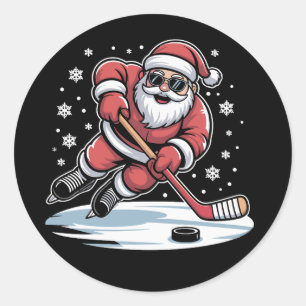 Pegatina Redonda Santa divertido de Navidad jugando hockey sobre hi