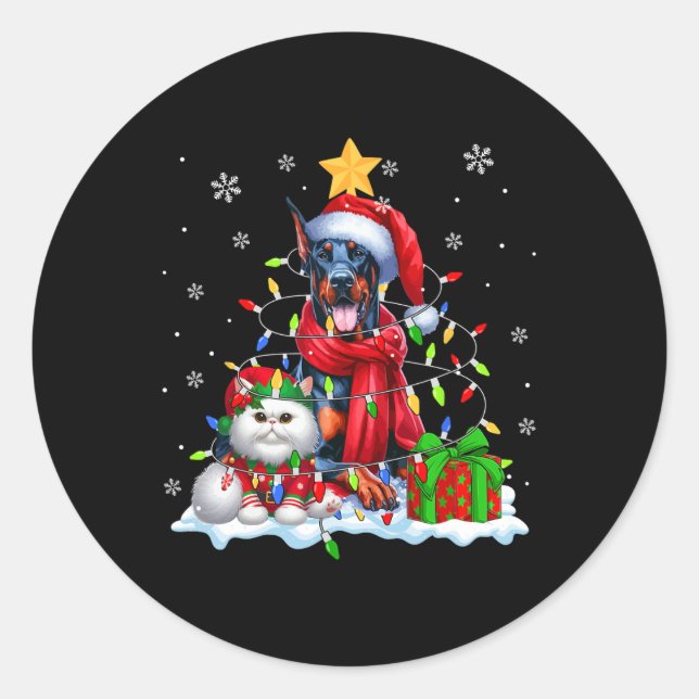 Pegatina Redonda Santa Dobermann Con Navidades Del Gato Del Elf Luc (Anverso)