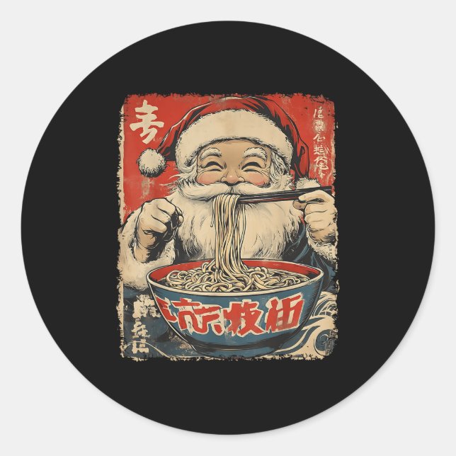 Pegatina Redonda Santa Eating Ramen Noodles Ukiyo-e Insred Christma (Anverso)