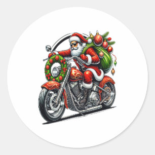 Pegatina Redonda Santa en motocicleta ciclista de Navidad