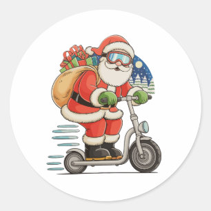 Pegatina Redonda Santa en scooter de Navidad familia a juego