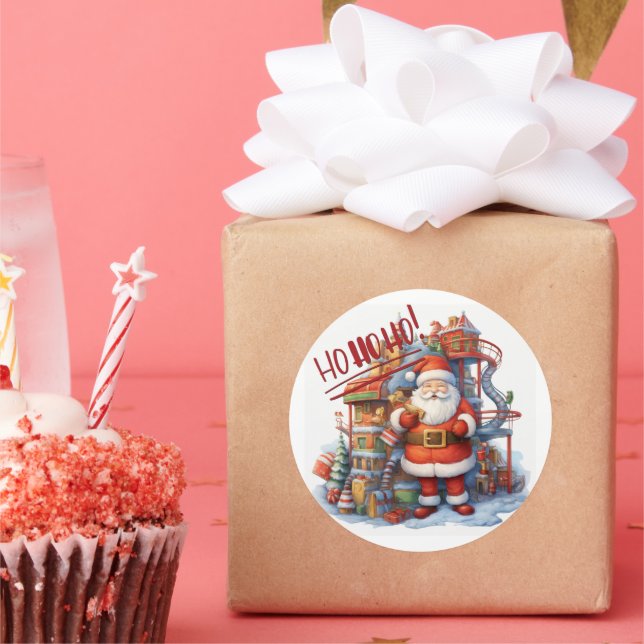 Pegatina Redonda Santa en su fábrica de juguetes (Fiesta)