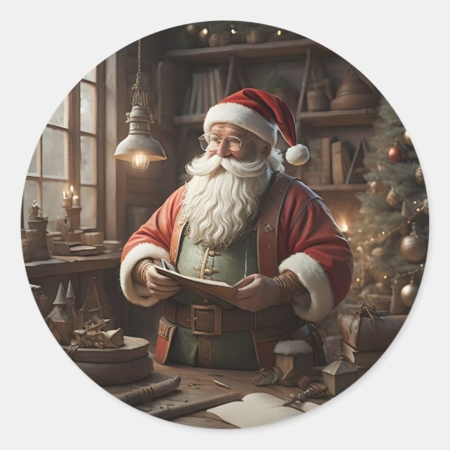 Pegatina Redonda Santa En Su Taller Navidades Elf (Anverso)