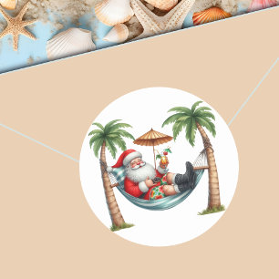 Pegatina Redonda Santa en una Navidad en isla tropical