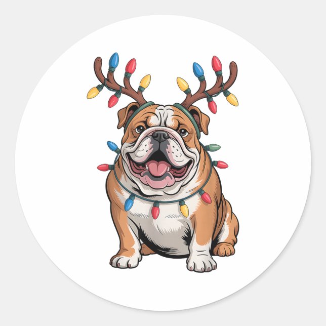 Pegatina Redonda Santa English Bulldog Reindeer Light Christmas  (Anverso)