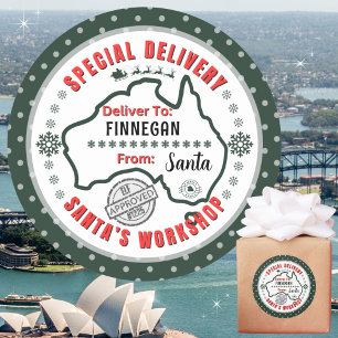 Pegatina Redonda Santa entrega especial a niños en Australia Verde