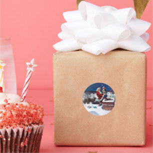 Pegatina Redonda Santa entregando carga de libros de Wyeth