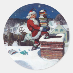Pegatina Redonda Santa entregando libros a los Navidades,