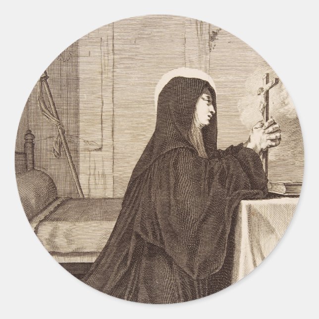 Pegatina Redonda Santa Escolástica Patrona de la escuela  (Anverso)