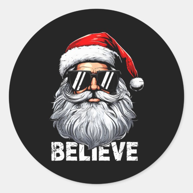 Pegatina Redonda Santa Face Sungles Believe Christmas Shirts For Bo (Anverso)