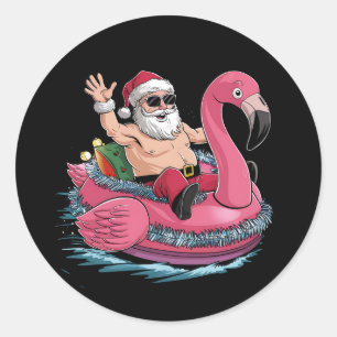 Pegatina Redonda Santa Flamingo Flotador Navidad En Julio Verano