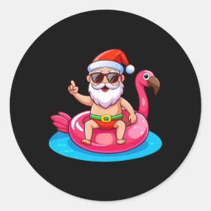 Pegatina Redonda Santa Flamingo Flotador Playa Navidad Divertida En