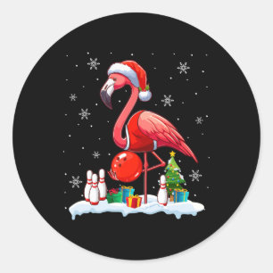 Pegatina Redonda Santa Flamingo Jugando Bowling Jugador de Navidad