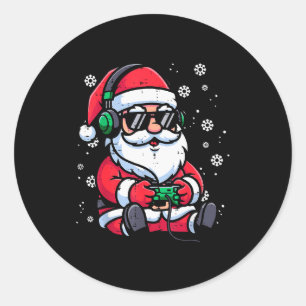 Pegatina Redonda Santa Gamer divertido de Navidad Video de juegos p