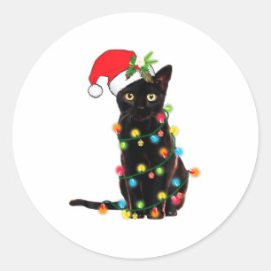 Pegatina Redonda Santa Gato Negro Enredado En Luces De Navidad 