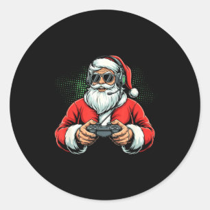 Pegatina Redonda Santa genial jugando videojuegos Navidad chico jug