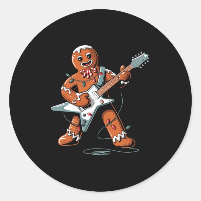 Pegatina Redonda Santa Gingerbread Playing Guitar Funny Christmas P (Anverso)