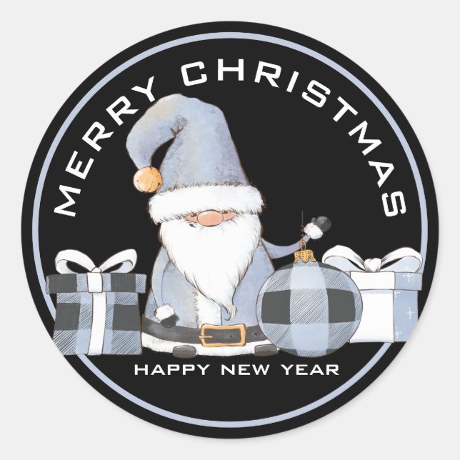 Pegatina Redonda Santa Gnome azul lindo con regalos de Navidades (Anverso)