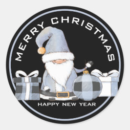 Pegatina Redonda Santa Gnome azul lindo con regalos de Navidades