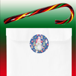 Pegatina Redonda Santa Gnome para vacaciones Navidades Patrón azul