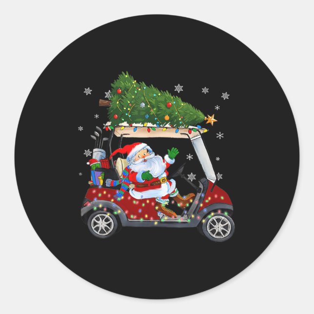 Pegatina Redonda Santa Golf Cart Christmas Tree Lights Xmas Golfer  (Anverso)