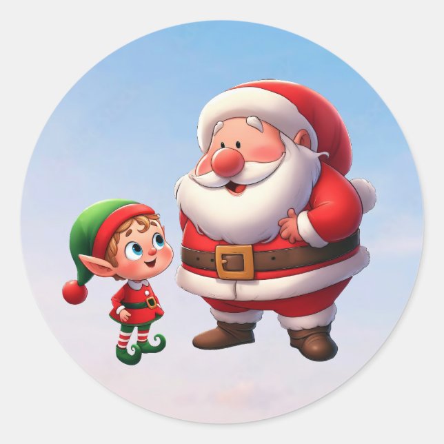 Pegatina Redonda Santa hablando con Elf, un lindo Navidad (Anverso)