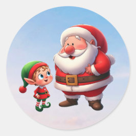 Pegatina Redonda Santa hablando con Elf, un lindo Navidad