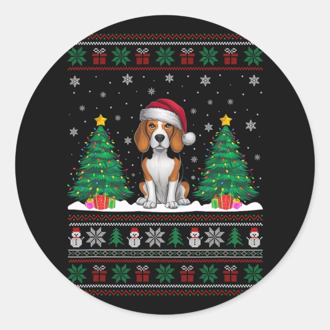 Pegatina Redonda Santa Hat Beagle Dog Árbol de navidad ilumina Ugly (Anverso)
