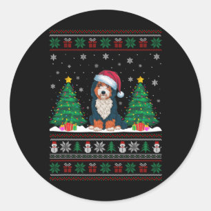Pegatina Redonda Santa Hat Bernedoodle Perro Árbol de Navidad Ilumi
