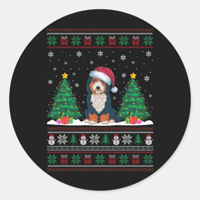 Pegatina Redonda Santa Hat Bernedoodle Perro Árbol de Navidad Ilumi (Anverso)
