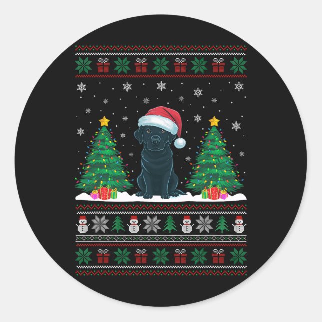 Pegatina Redonda Santa Hat Black Labrador Dog Xmas Tree se ilumina  (Anverso)