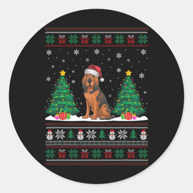 Pegatina Redonda Santa Hat Bloodhound Dog Christmas Tree Ilumina Ug (Anverso)