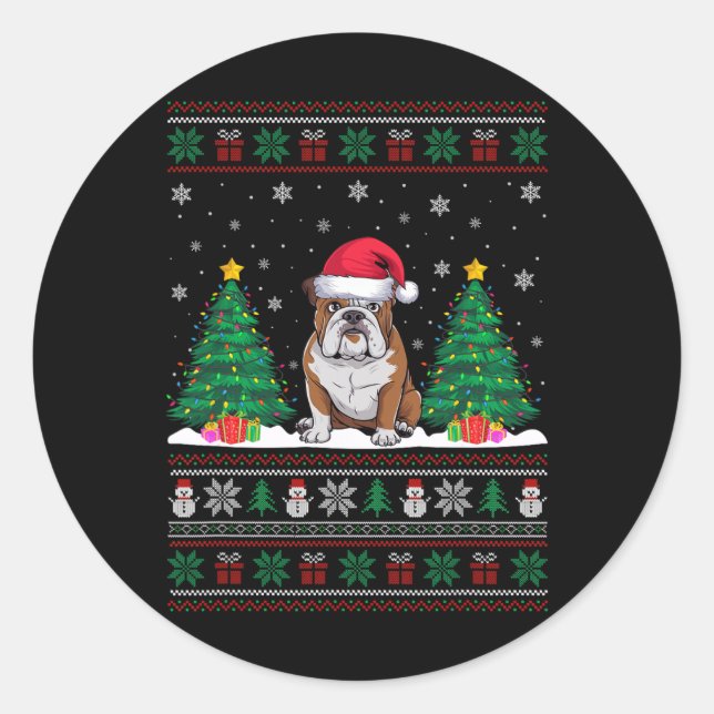 Pegatina Redonda Santa Hat Bulldog americano navidad árbol alumbra  (Anverso)