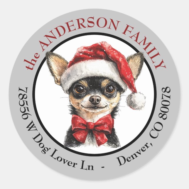 Pegatina Redonda Santa Hat Chihuahua Dog Return Address (Anverso)