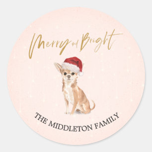 Pegatina Redonda Santa Hat Dog Chihuahua Feliz Navidad