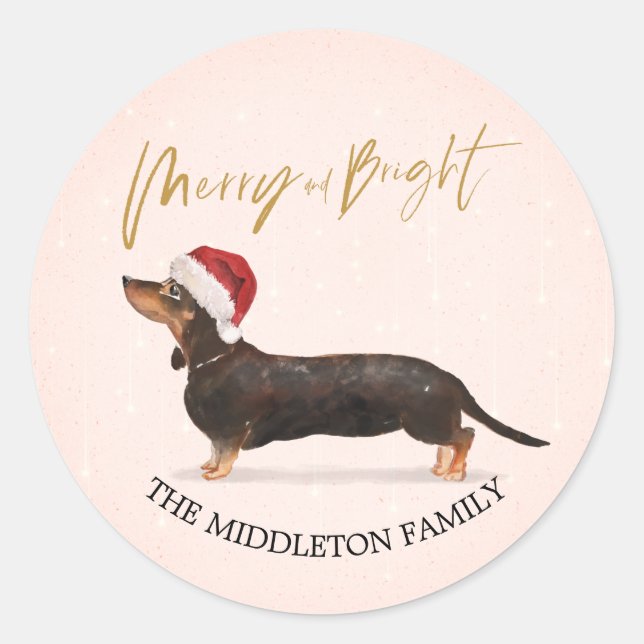 Pegatina Redonda Santa Hat Dog Dachshund Feliz Navidad (Anverso)