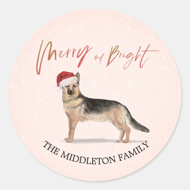 Pegatina Redonda Santa Hat Dog Pastor Alemán Feliz Navidad (Anverso)