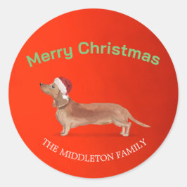 Pegatina Redonda Santa Hat Dog Tan Dachshund Red Merry Navidad