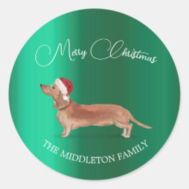 Pegatina Redonda Santa Hat Dog Tan Dachshund Verde Feliz Navidad