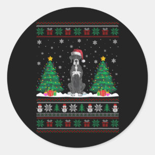Pegatina Redonda Santa Hat Great Dane Perro Árbol de Navidad Luces