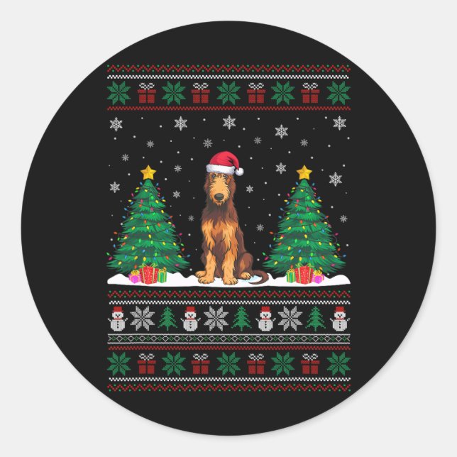 Pegatina Redonda Santa Hat Irlandés Wolfhound Dog Xmas Tree Luces U (Anverso)