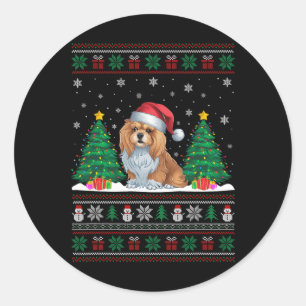 Pegatina Redonda Santa Hat Lhasa Apso Perro Árbol de Navidad Encend