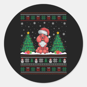 Pegatina Redonda Santa Hat Poodle Dog Árbol de Navidad Enciende Feo