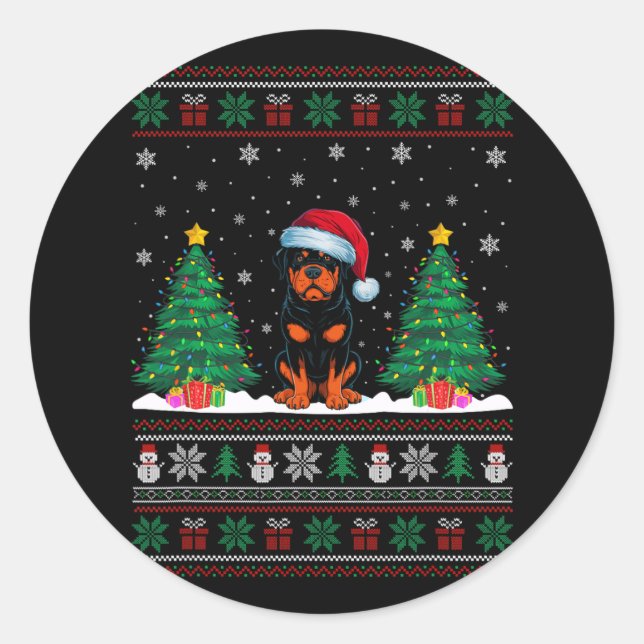 Pegatina Redonda Santa Hat Rottweiler Perro Árbol de Navidad Luces  (Anverso)