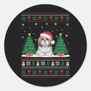 Pegatina Redonda Santa Hat Shih Tzu Perro Árbol de Navidad se ilumi