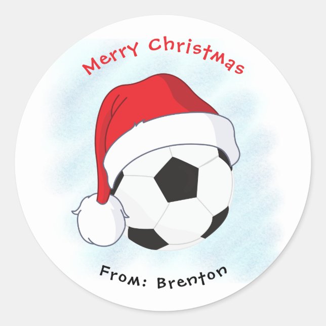 Pegatina Redonda Santa Hat Soccer Ball Feliz Navidad (Anverso)