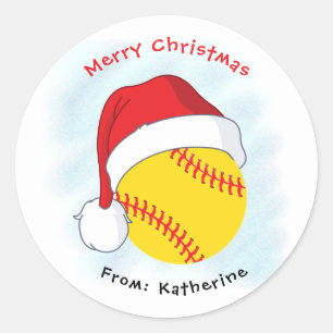 Pegatina Redonda Santa Hat Softbol Feliz Navidad